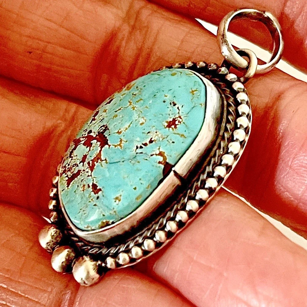 Navajo Natural Turquoise Pendant 1.75 in Signed A Oval Sterling Matte Patina‎